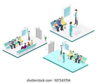 waiting room in hospital. Visitors sit on the chairs in the corridor. patient waits to receive a doctor. Flat 3D vector illustration.