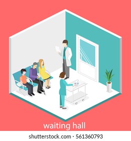 waiting room in hospital. Visitors sit on the chairs in the corridor. patient waits to receive a doctor. Flat 3D illustration.