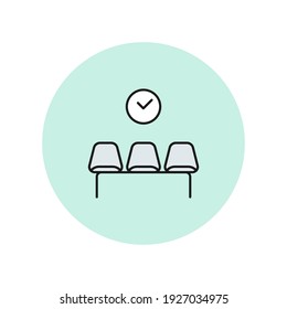 Waiting room icon. Black thick outline. Three empty chairs. A clock on the wall. Vector illustration, flat design