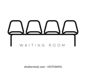 Waiting room icon. Black thick outline. Four empty chairs with text. Vector illustration, flat design