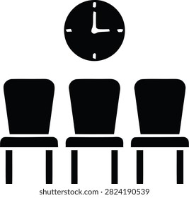 Waiting room icon featuring three chairs arranged in a row underneath a wall clock, representing a lobby, reception area, or appointment scheduling.