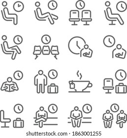 Waiting room icon illustration vector set. Contains such icons as Wait, Clock, Chair, Seat, Chilled, Lounge, and more. Expanded Stroke