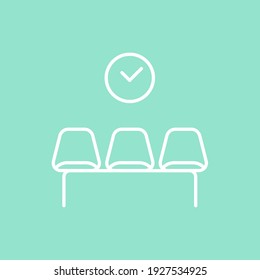 Waiting room icon. White outline on yellow background. Three empty chairs. A clock on the wall. Vector illustration, flat design
