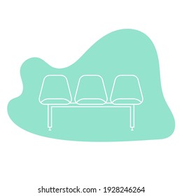 Waiting room icon. White outline on rounded shape. Three empty chairs. Vector illustration, flat design