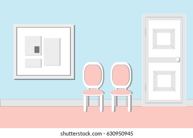 Waiting room interior with furniture, Information board and chairs. Classic office empty in white, blue and pink colors. Flat style Vector Illustration.