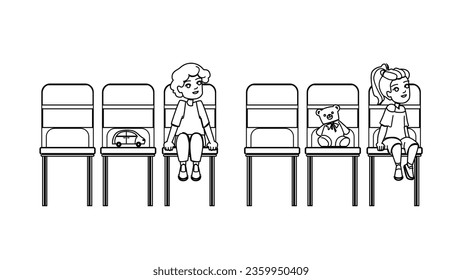 waiting room kid vector. child clinic, hospital doctor, medical family, woman health, mother care waiting room kid character. people black line illustration