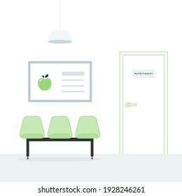 Waiting Room. Nutritionist. Three Green Empty Chairs. A Poster On The Wall. Ceiling Light. Linear Door. Medical Appointment. Vector Illustration, Flat Design
