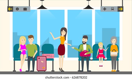 Waiting room on railway station with people with luggage.