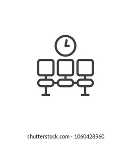 Waiting room outline icon. linear style sign for mobile concept and web design. Seats and wall clock simple line vector icon. Symbol, logo illustration. Pixel perfect vector graphics