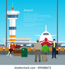 Waiting Room with People in Airport and Text , View on Airplane and Control Tower through the Window from a Waiting Room , Travel Concept, Flat Design, Vector Illustration 