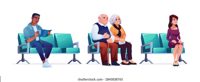 Waiting room, people sitting on chairs in queue isolated on white. Vector elderly couple, woman and man healthcare clinic patients wait their turn. Clients of bank, travelers, social distance