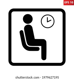 Cartel de la sala de espera. Ilustración vectorial de un hombre sentado sobre una silla contra un reloj de pared. Símbolo del vestíbulo público aislado de fondo blanco. Gráfica plana y simple.