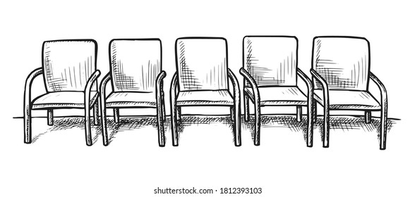 Waiting room sketch. Hand drawn empty chair seat row on white background. Business office or hospital hallway or waiting room doodle interior design. Vector furniture for visitor illustration