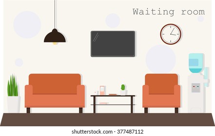 Waiting room with a sofa, armchairs, a coffee table, a clock, a TV and a water dispenser. Vector illustration eps10