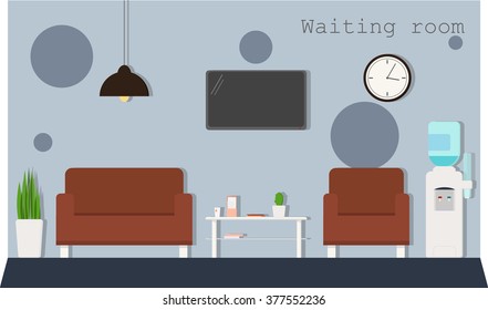 Waiting room with a sofa, armchairs, a coffee table, a clock, a TV and a water dispenser. Vector illustration