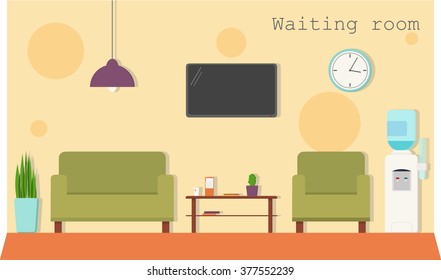 Waiting Room With A Sofa, Armchairs, A Coffee Table, A Clock, A TV And A Water Dispenser. Vector Illustration