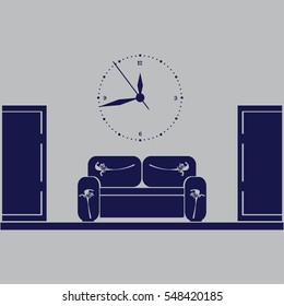 waiting room sofa in front of the door and a clock on the wall 