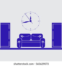 waiting room sofa in front of the door and a clock on the wall 