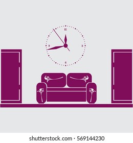 waiting room sofa in front of the door and a clock on the wall 