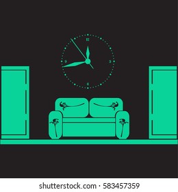 waiting room sofa in front of the door and a clock on the wall 