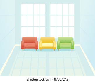 waiting room with three comfortable chairs in red yellow and green vector illustration in eps 10 format