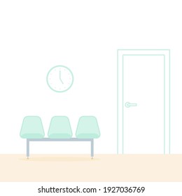 Waiting room. Three empty chairs. A clock on the wall. Linear door. Appointment. Vector illustration, flat design