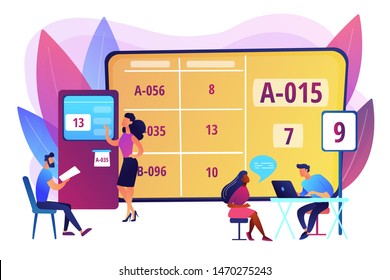 Waiting room with ticket system. Customer management method. Electronic queuing system, electronic queue management, take your ticket concept. Bright vibrant violet vector isolated illustration