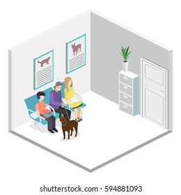 waiting room in veterinary clinic. Visitors sit on the chairs in the corridor. patient waits to receive a doctor. Flat 3D vector illustration.