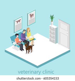 waiting room in veterinary clinic. Visitors sit on the chairs in the corridor. patient waits to receive a doctor. Flat 3D vector illustration.