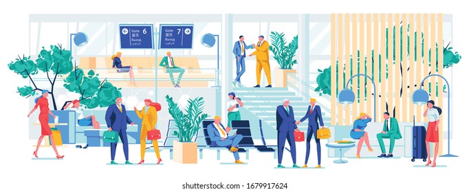 Waiting Room for VIP Passenger and Businessman. Man and Woman in Business Clothes with Luggage Waiting for Flight. In Lobby they Chat with Colleague, Read and have Telephone Conversation.
