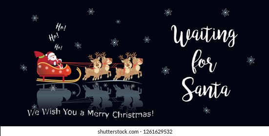 Waiting for Santa. 2021 Winter Holiday Happy New Year Christmas card Winter Snowy Landscape, Christmas tree, Santa Clous, reindeer, stars snowflakes snowfall festive decoration drawing design vector