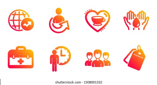 Waiting, Share and World statistics line icons set. Safe water, First aid and Group signs. Love coffee, Sale tags symbols. Service time, Referral person. Business set. Vector