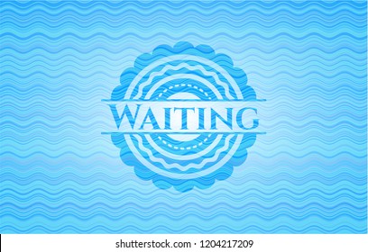 Waiting sky blue water wave style emblem.