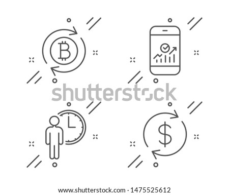 Waiting, Smartphone statistics and Refresh bitcoin line icons set. Usd exchange sign. Service time, Mobile business, Update cryptocurrency. Currency rate. Business set. Vector