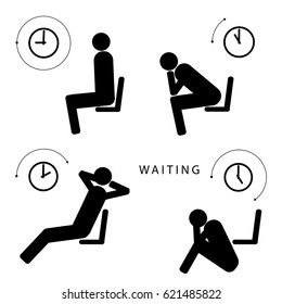 Waiting For Something Vector Stick Figure Infographics. A Man Is Sitting On A Chair, Near The Chair Holding His Head In Hands, A Person Is Leaning Back In His Chair. Wall Clock, Time Icon