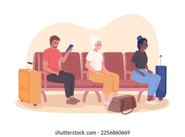 Waiting at station for bus and train arrival 2D vector isolated illustration. Passengers with baggage flat characters on cartoon background. Colorful editable scene for mobile, website, presentation