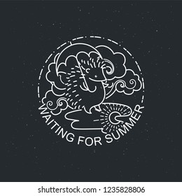 Waiting for summer. Hedgehog with an umbrella under the rainy cloud on puddle. Line image vector illustration for nursery art, greeting or invitation cards and printed or web products design or other