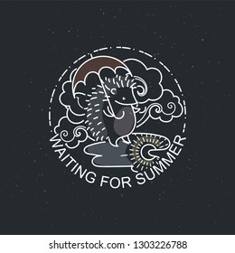 Waiting for summer. Hedgehog with an umbrella under the rainy cloud on puddle. Line image vector illustration for nursery art, greeting or invitation cards and printed or web products design or other
