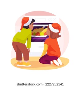 Waiting time isolated cartoon vector illustration. Small children looking into the oven waiting for baked goods, Christmas holiday preparation, festive days at home vector cartoon.