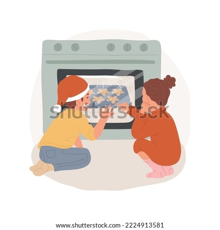 Waiting time isolated cartoon vector illustration. Small children looking into the oven waiting for baked goods, Christmas holiday preparation, festive days at home vector cartoon.