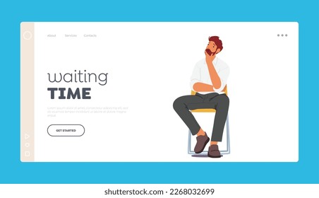 Waiting Time Landing Page Template. Man With Serious Face Sitting On Wooden Chair Looks Pensive And Reflective. Middle-aged Male Character Thinking Search Solution. Cartoon People Vector Illustration