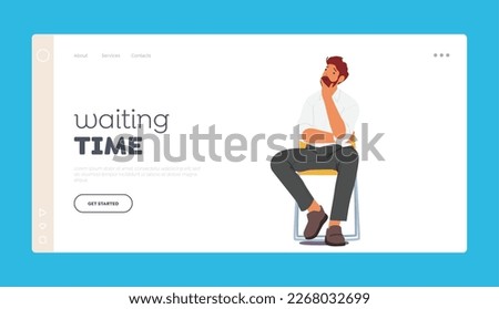 Waiting Time Landing Page Template. Man With Serious Face Sitting On Wooden Chair Looks Pensive And Reflective. Middle-aged Male Character Thinking Search Solution. Cartoon People Vector Illustration
