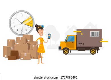 Waiting For Truck, Cargo Transportation, Time On Clock Vector Illustration. Customer Girl Talking With Company Manager, Stand Near Boxes And Waiting For Truck To Move. Watch Show Her Waiting Time.