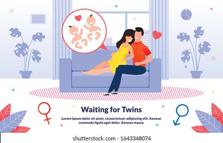 Waiting for Twins Birth, Happy Maternity Moments Trendy Flat Vector Banner, Poster Template. Woman Pregnant with Twins, Resting at Home, Relaxing on Sofa in Living Room with Husband Illustration