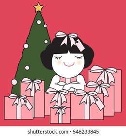 Waiting To Unwrap Christmas Presents Concept Card Character illustration