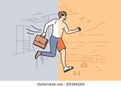 Waiting for vacations and rest concept. Young smiling business man half wearing official suit in office half running to beach in swimwear vector illustration 