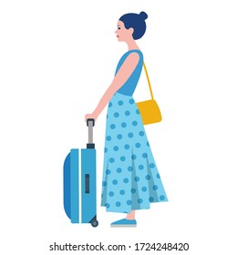 waiting young woman traveling with baggage flat style vector illustration