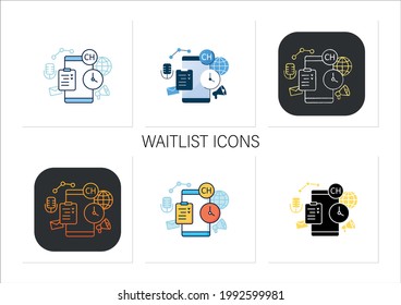 Iconos de la lista de espera. Usuarios esperando la sala. Esperando antes de entrar a la habitación. Concepto de comunicación. Colección de iconos en estilos de color lineales, rellenos.Isoladas ilustraciones vectoriales