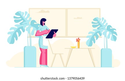 Waitress in Apron Writing Order into Notebook Standing at Table in Cozy Cafe Bar. Hospitality, Profession Occupation, Female Restaurant Employee Character at Work. Cartoon Flat Vector Illustration