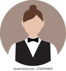 Camarera avatar, flat icon, circle, head, icon, pajarita, mujer, pelo castaño, Ilustración vectorial

